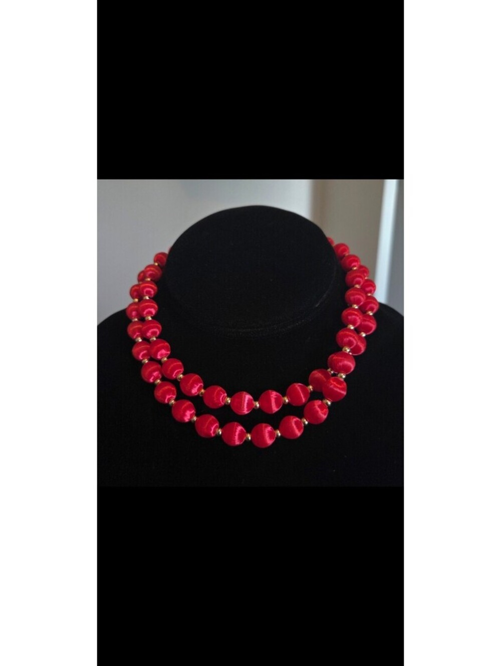 Vintage Red Satin Ball Necklace with gold tone separator beads